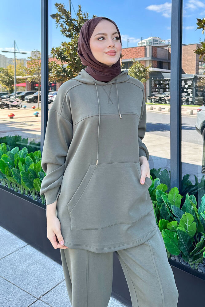Kanguru Cepli Kesik Detaylı Takım - Haki - 4