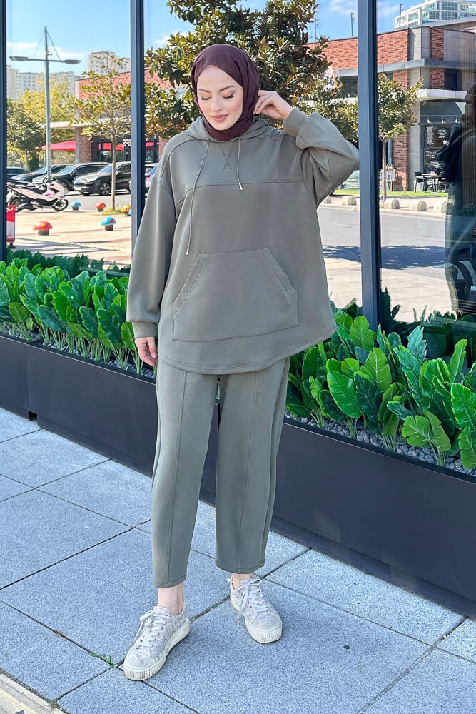 Kanguru Cepli Kesik Detaylı Takım - Haki - İKOL (4)