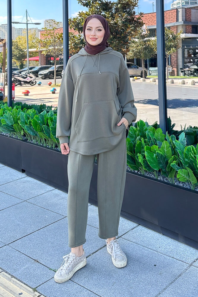 Kanguru Cepli Kesik Detaylı Takım - Haki - İKOL (5)