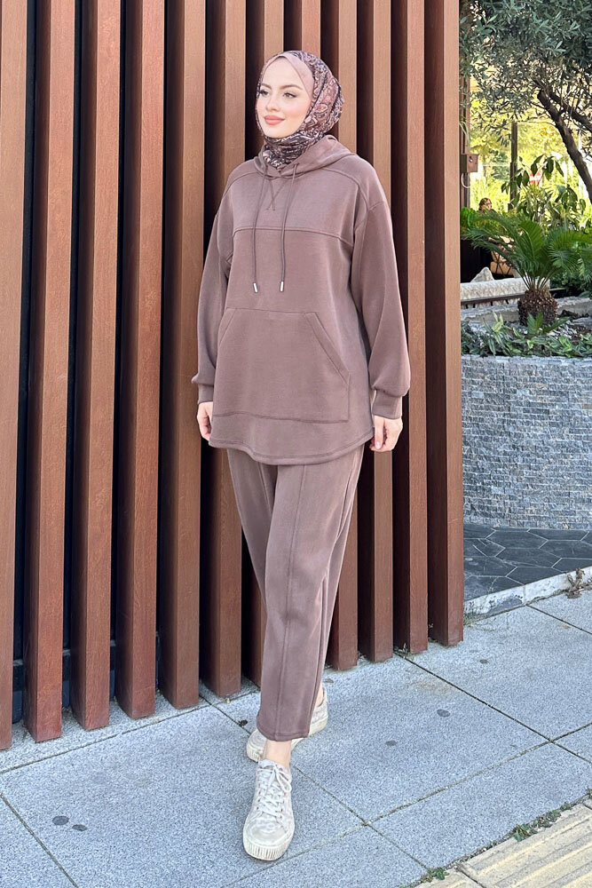 Kanguru Cepli Kesik Detaylı Takım - Kahverengi - İKOL (2)