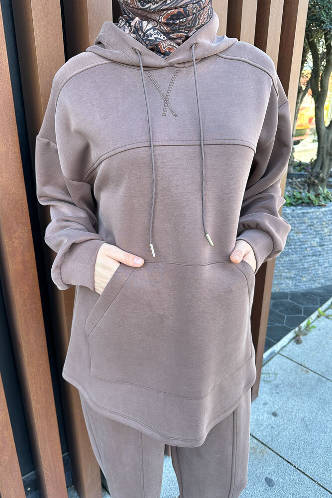 Kanguru Cepli Kesik Detaylı Takım - Kahverengi - İKOL (3)