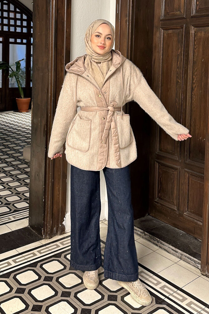 Kapitone Garnili Peluş Mont - Bej - İKOL (4)