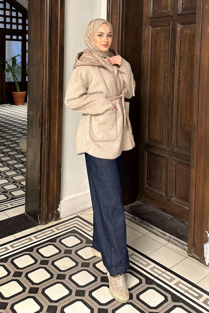 Kapitone Garnili Peluş Mont - Bej - 4