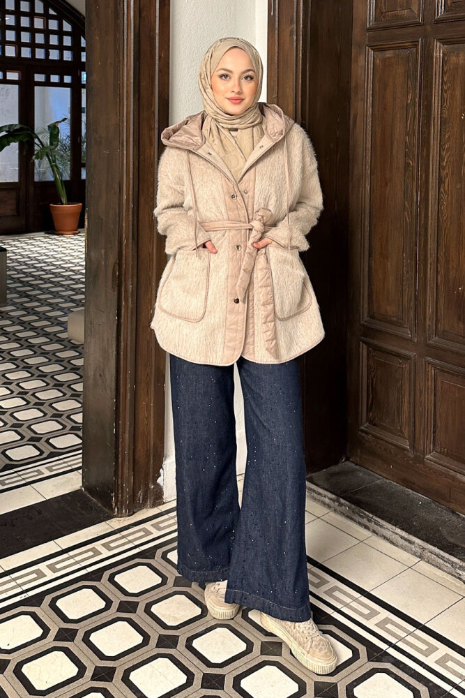 Kapitone Garnili Peluş Mont - Bej - 2