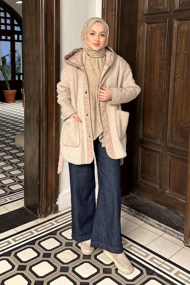 Kapitone Garnili Peluş Mont - Bej - 7