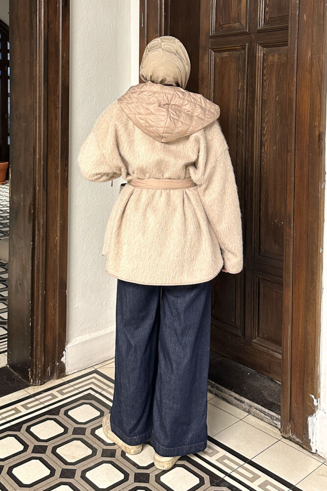 Kapitone Garnili Peluş Mont - Bej - 8