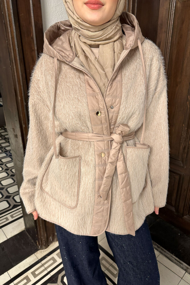 Kapitone Garnili Peluş Mont - Bej - 6