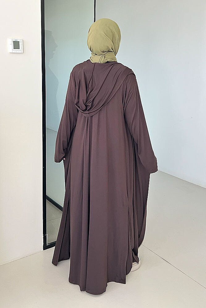 Kapşonlu Yelekli Üçlü Takım - Kahverengi - 8