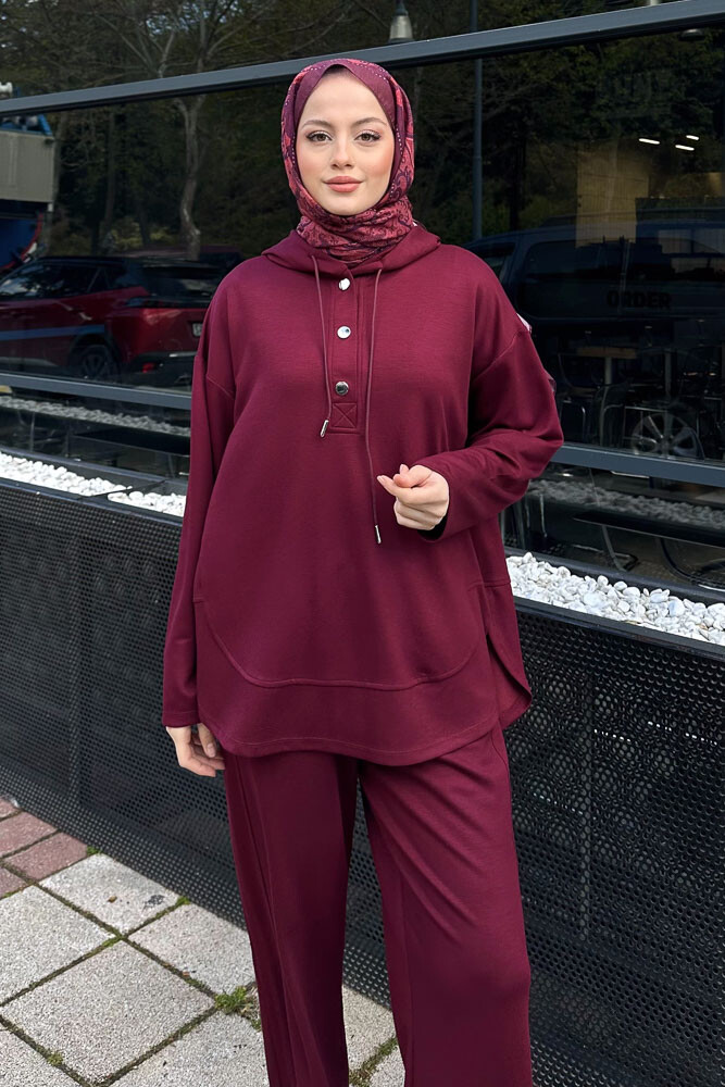 Kapüşonlu Kesik Detaylı Modal Takım - Bordo - 6