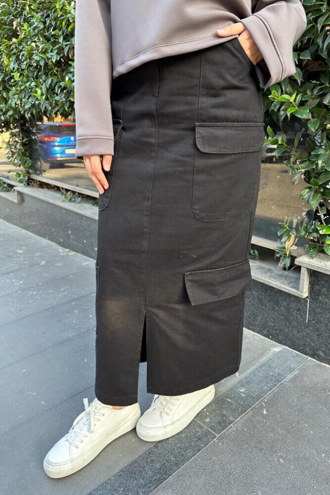 Kargo Cepli Denim Etek - Siyah - HENZA (1)