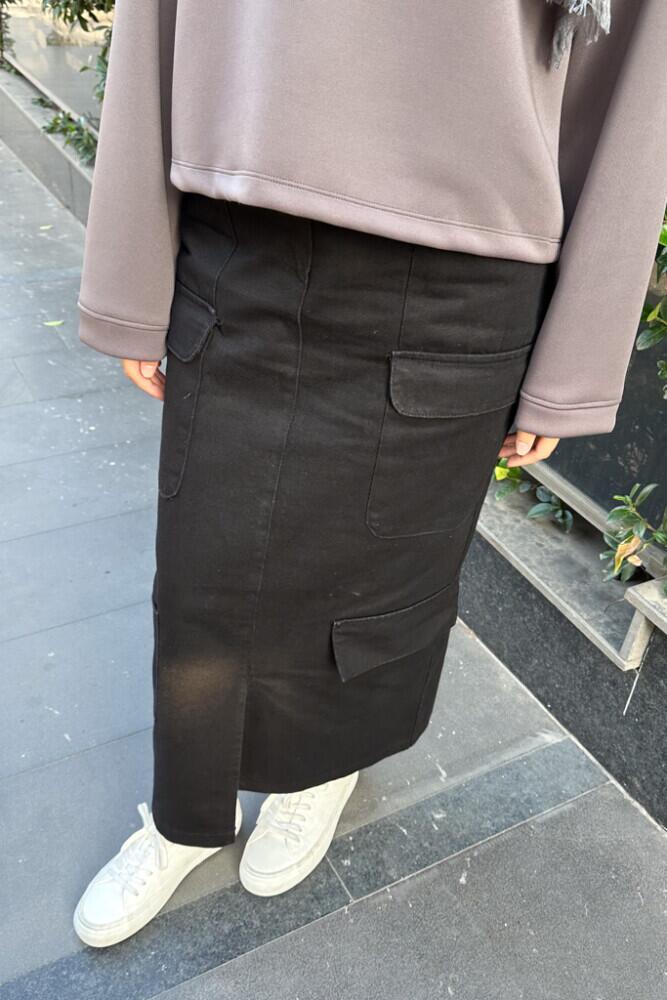 Kargo Cepli Denim Etek - Siyah - HENZA (2)
