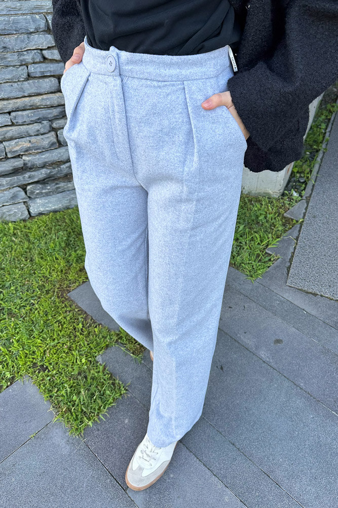 Kaşe Plazzo Pantolon - Açık Gri - 3