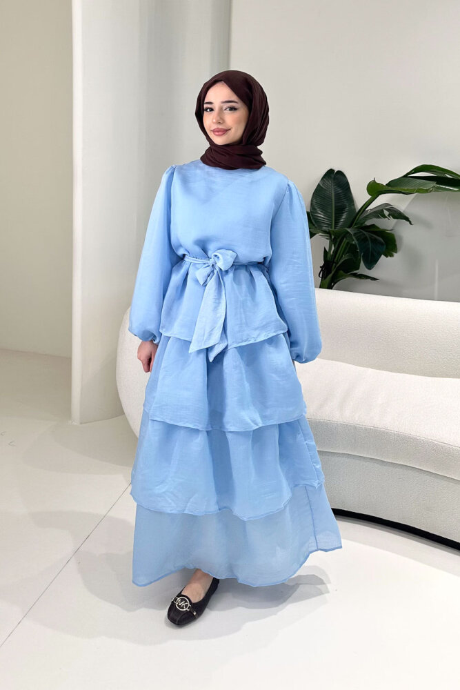Kat Kat Tül Detaylı Elbise - Mavi - 4