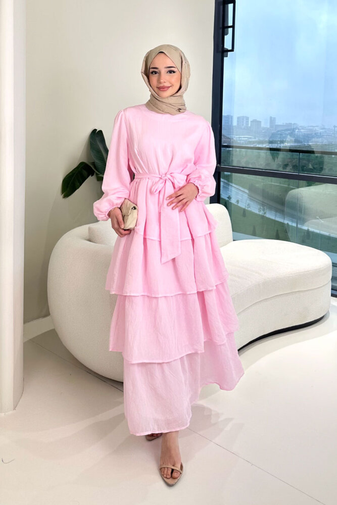 Kat Kat Tül Detaylı Elbise - Pembe - 6