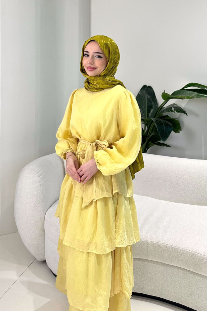 Kat Kat Tül Detaylı Elbise - Sarı - 3