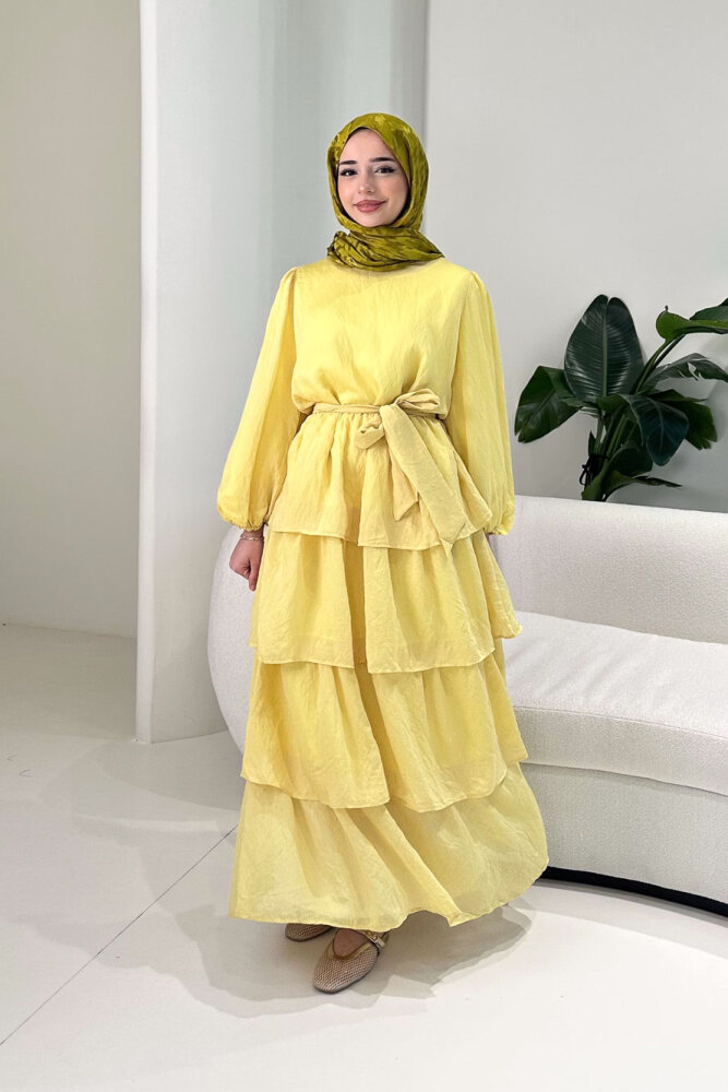 Kat Kat Tül Detaylı Elbise - Sarı - 1