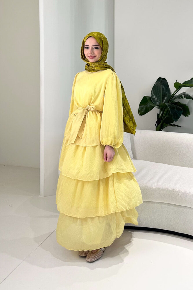 Kat Kat Tül Detaylı Elbise - Sarı - 4