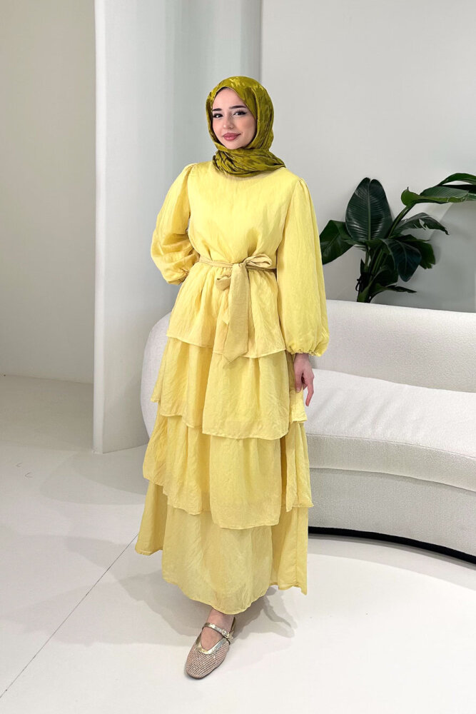 Kat Kat Tül Detaylı Elbise - Sarı - ENMA (4)