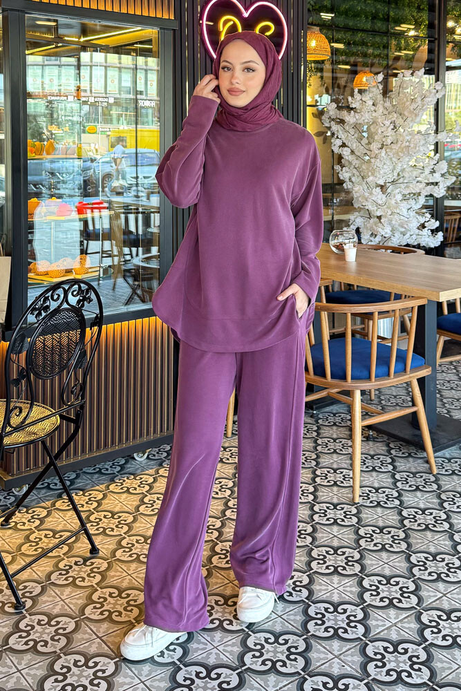 Kavisli Kesik Detaylı Spor Takım - Mürdüm - 1