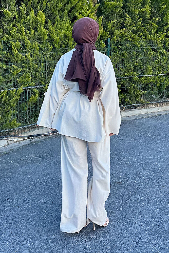 Kemer Detaylı Keten Pantolon Takım - Bej - 6
