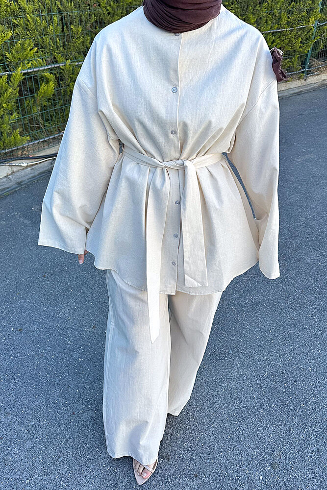 Kemer Detaylı Keten Pantolon Takım - Bej - ENMA (1)