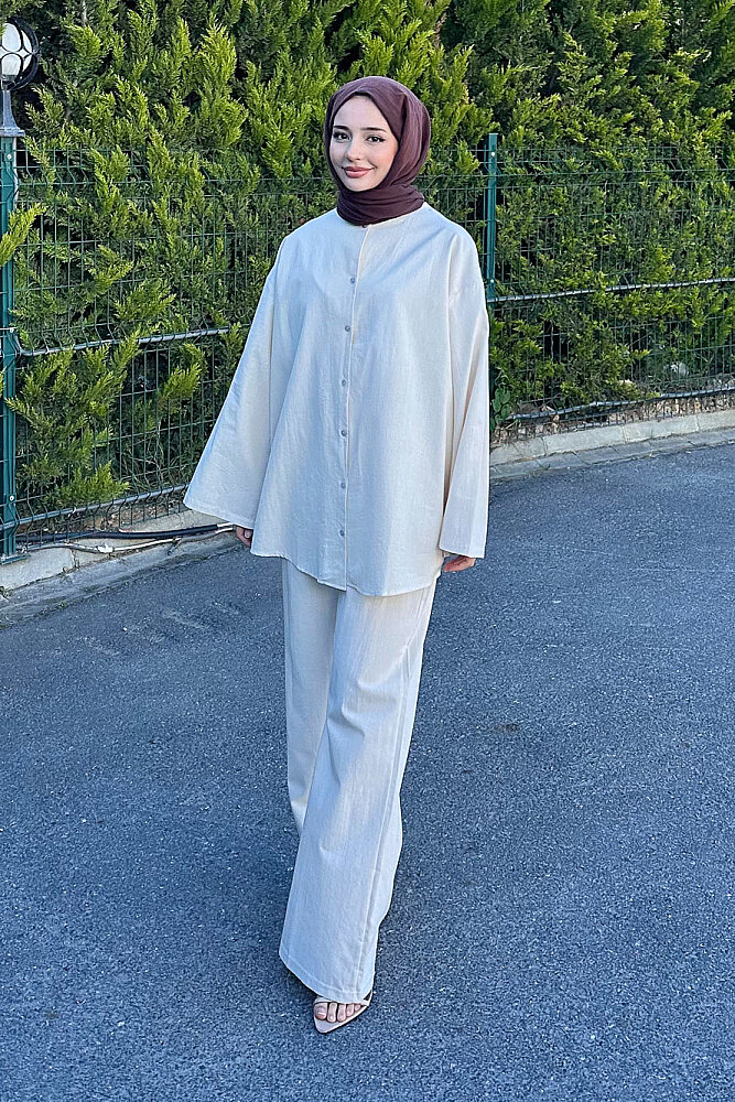 Kemer Detaylı Keten Pantolon Takım - Bej - 3