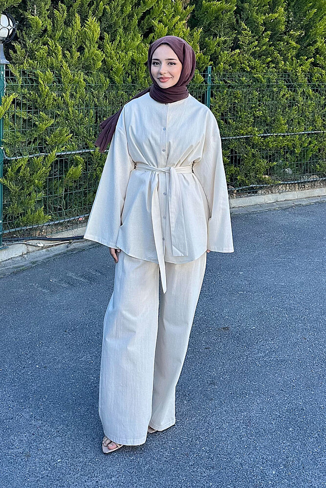 Kemer Detaylı Keten Pantolon Takım - Bej - ENMA (4)