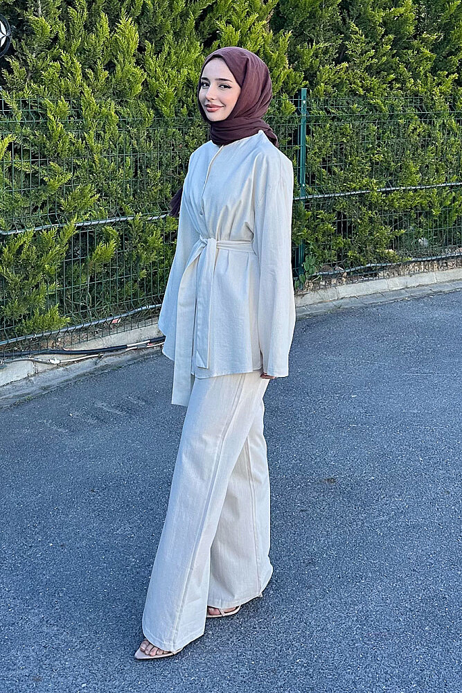 Kemer Detaylı Keten Pantolon Takım - Bej - 1