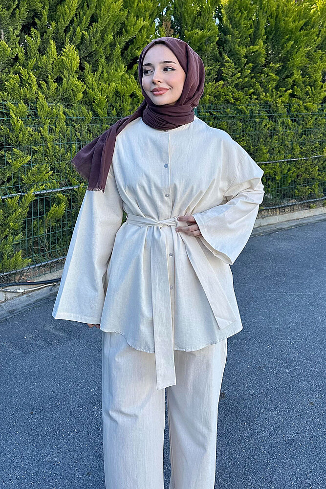 Kemer Detaylı Keten Pantolon Takım - Bej - ENMA (3)