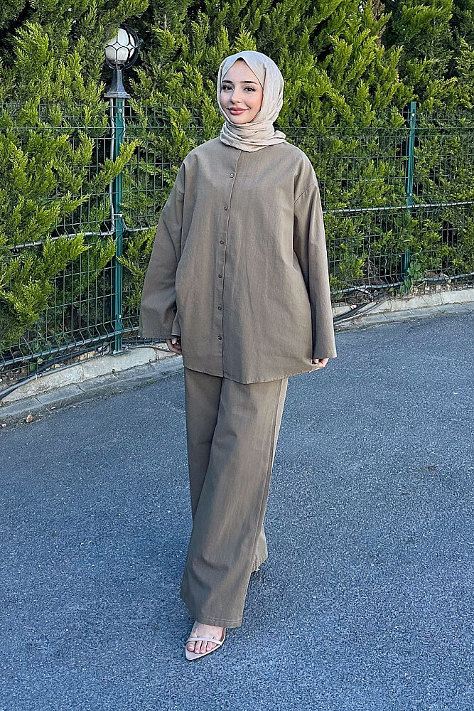 Kemer Detaylı Keten Pantolon Takım - Haki - 1