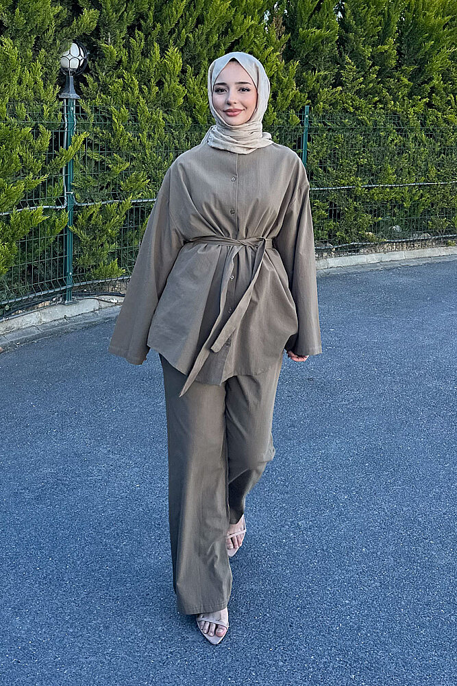 Kemer Detaylı Keten Pantolon Takım - Haki - ENMA (1)