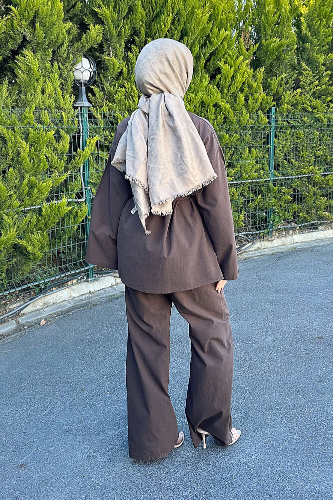 Kemer Detaylı Keten Pantolon Takım - Kahverengi - ENMA (4)