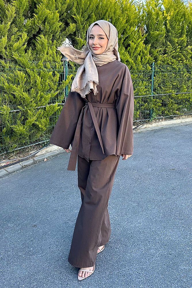 Kemer Detaylı Keten Pantolon Takım - Kahverengi - ENMA (2)