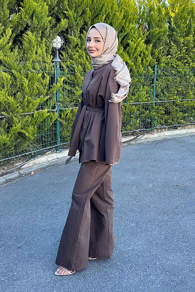 Kemer Detaylı Keten Pantolon Takım - Kahverengi - ENMA (0)