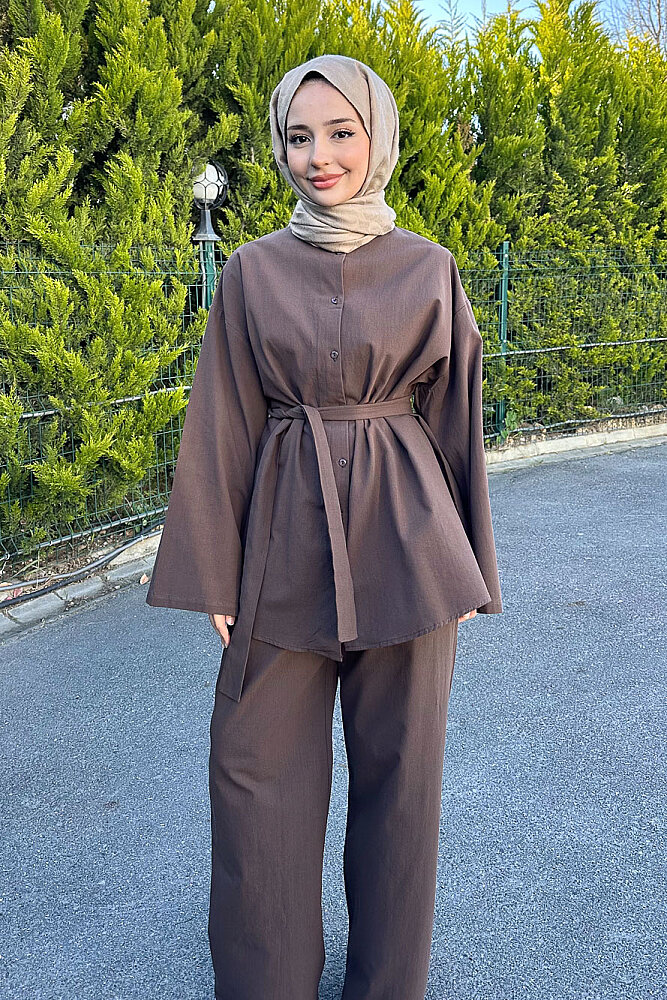 Kemer Detaylı Keten Pantolon Takım - Kahverengi - ENMA (1)