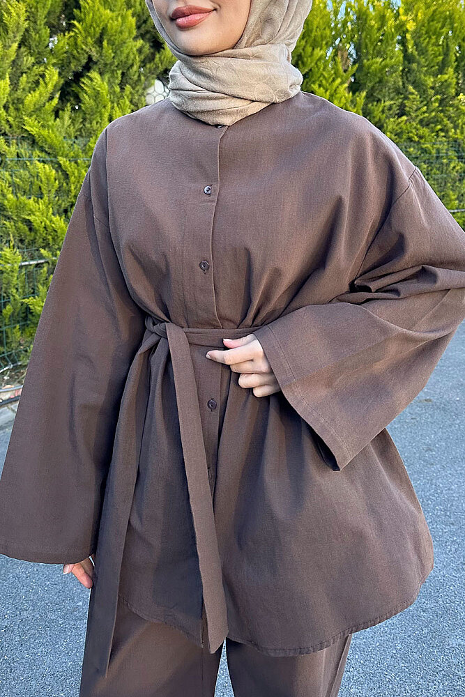 Kemer Detaylı Keten Pantolon Takım - Kahverengi - 4