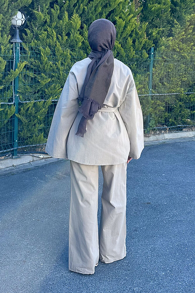 Kemer Detaylı Keten Pantolon Takım - Vizon - ENMA (5)