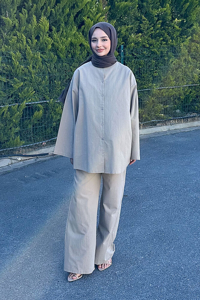 Kemer Detaylı Keten Pantolon Takım - Vizon - 2