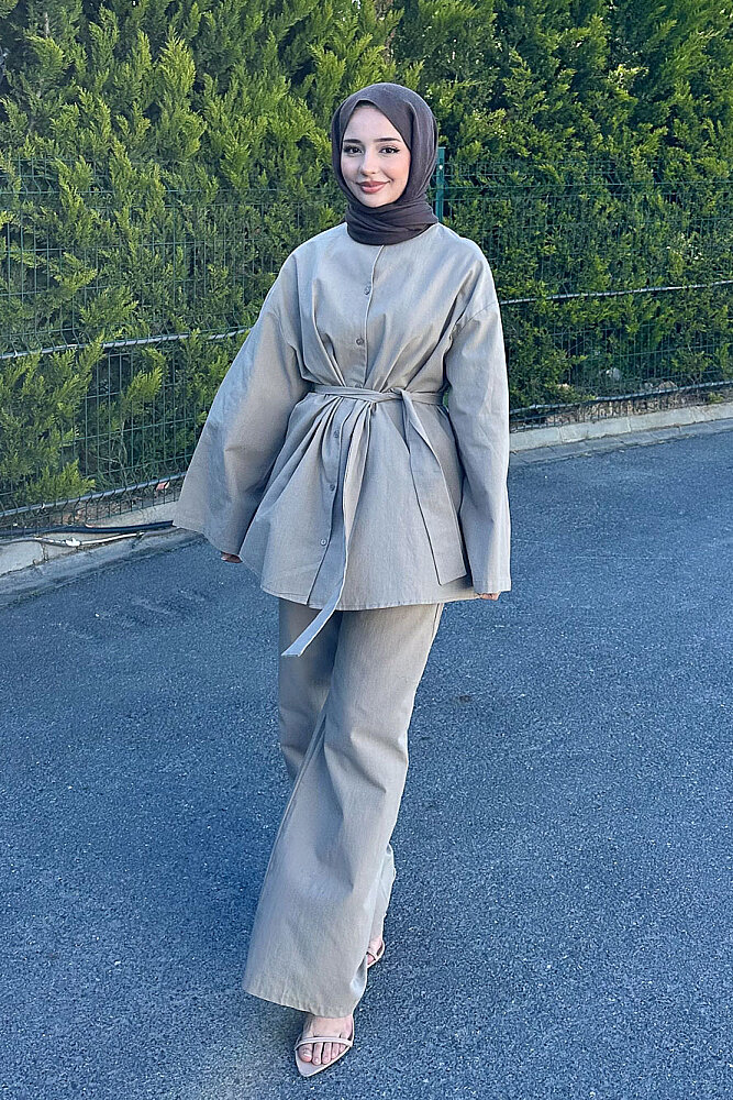 Kemer Detaylı Keten Pantolon Takım - Vizon - ENMA (4)