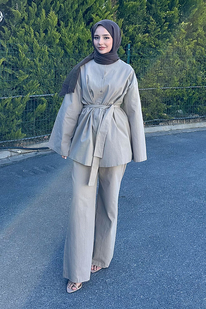 Kemer Detaylı Keten Pantolon Takım - Vizon - ENMA (0)