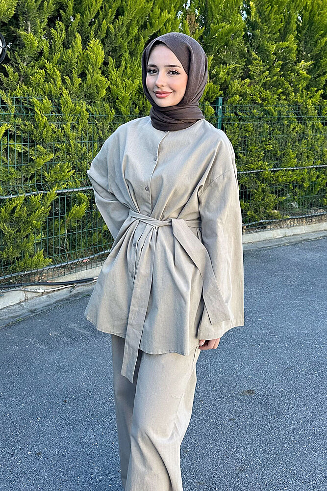 Kemer Detaylı Keten Pantolon Takım - Vizon - 3