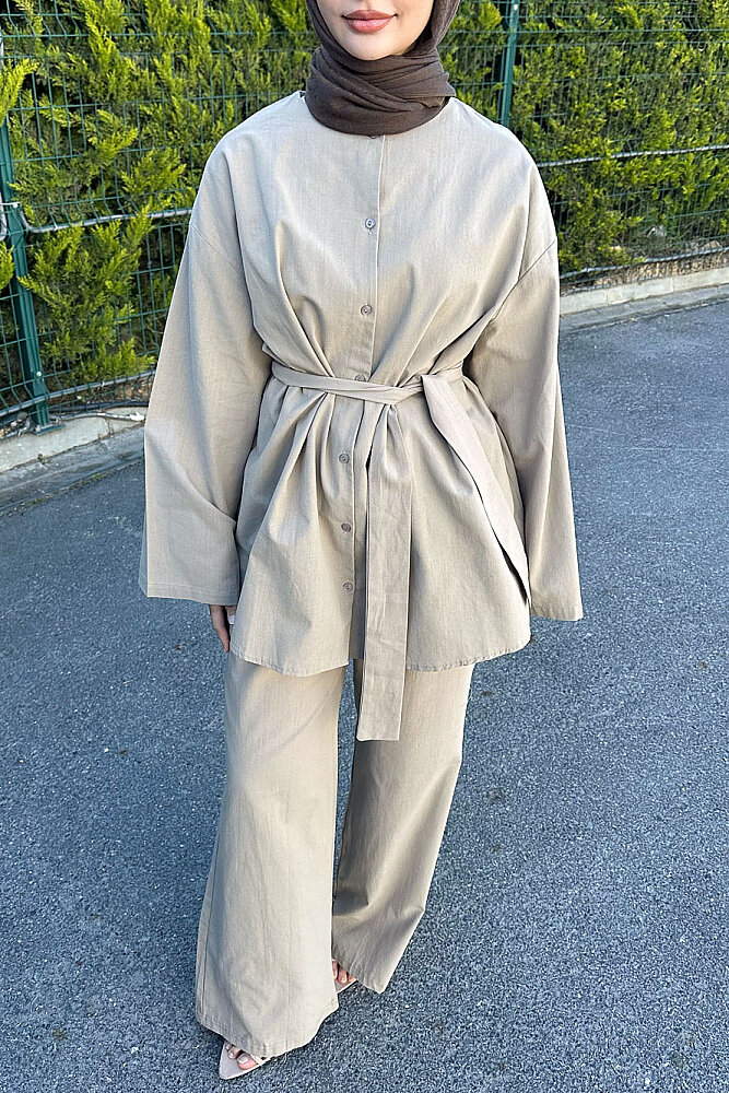 Kemer Detaylı Keten Pantolon Takım - Vizon - ENMA (3)