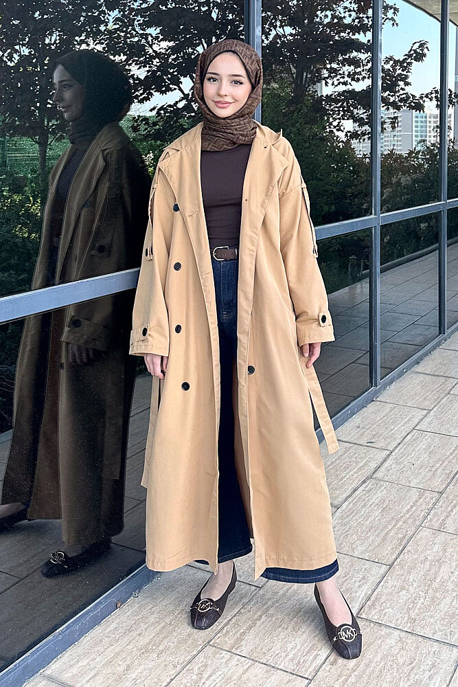 Kemerli Cep Detaylı Trençkot - Camel - ALLMİSS (0)