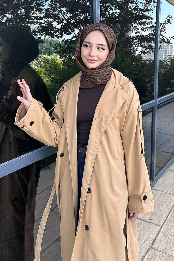 Kemerli Cep Detaylı Trençkot - Camel - 3