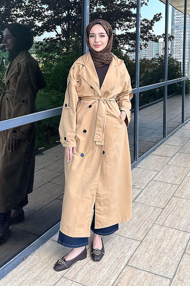 Kemerli Cep Detaylı Trençkot - Camel - 2
