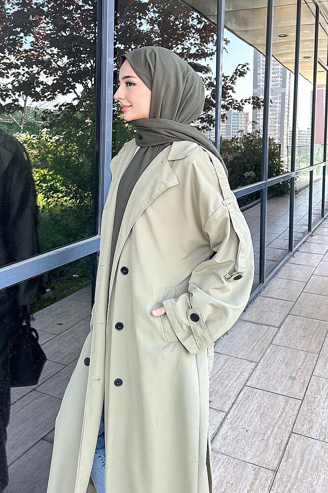 Kemerli Cep Detaylı Trençkot - Yağ Yeşili - 4