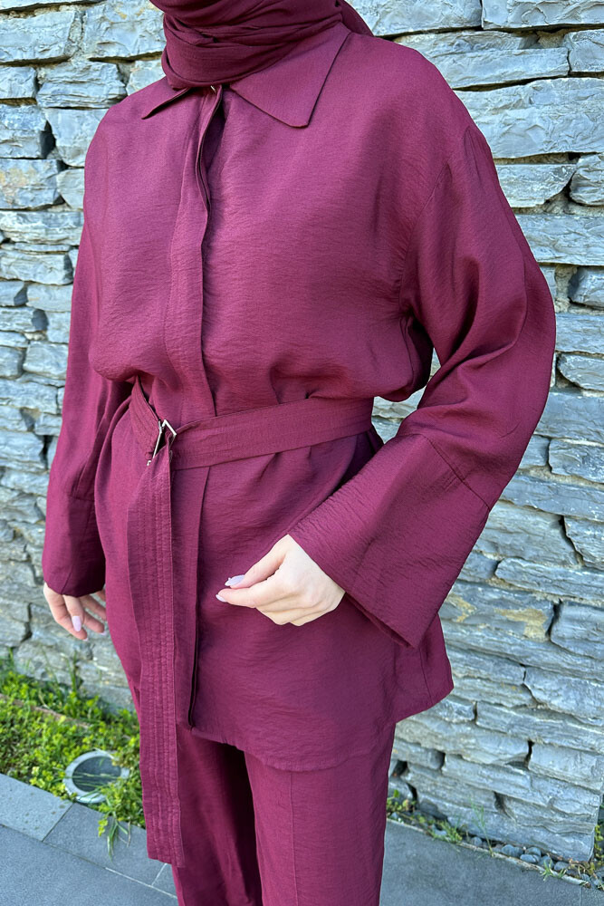 Kemerli Pamuklu Takım - Bordo - 6