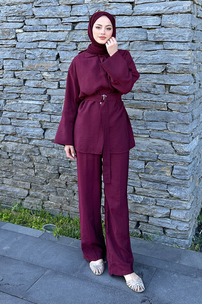 Kemerli Pamuklu Takım - Bordo - 1