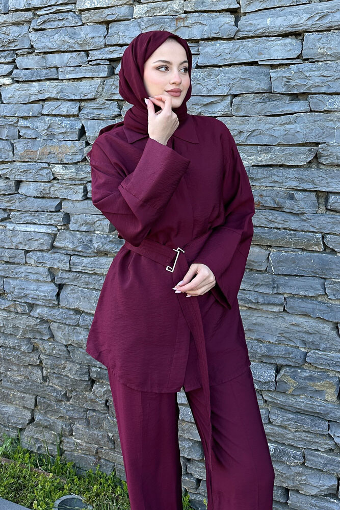 Kemerli Pamuklu Takım - Bordo - 7