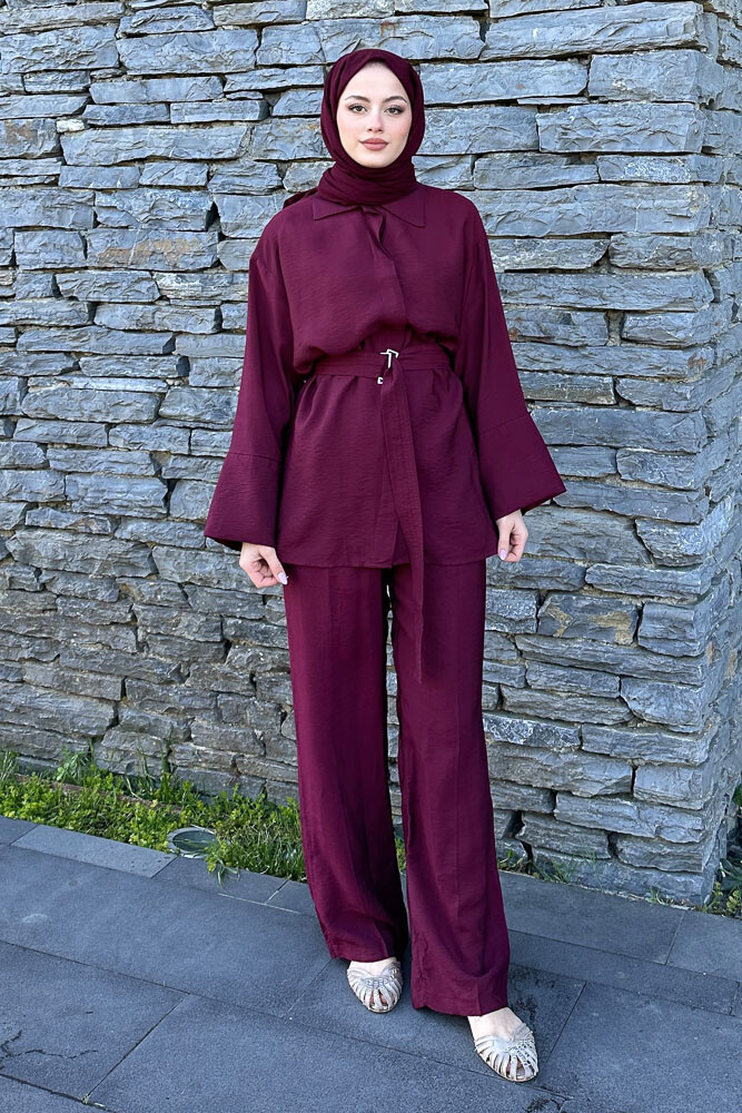 Kemerli Pamuklu Takım - Bordo - 4